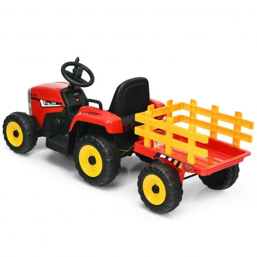 12V Kids Ride On Tractor with Trailer Ground Loader-Red