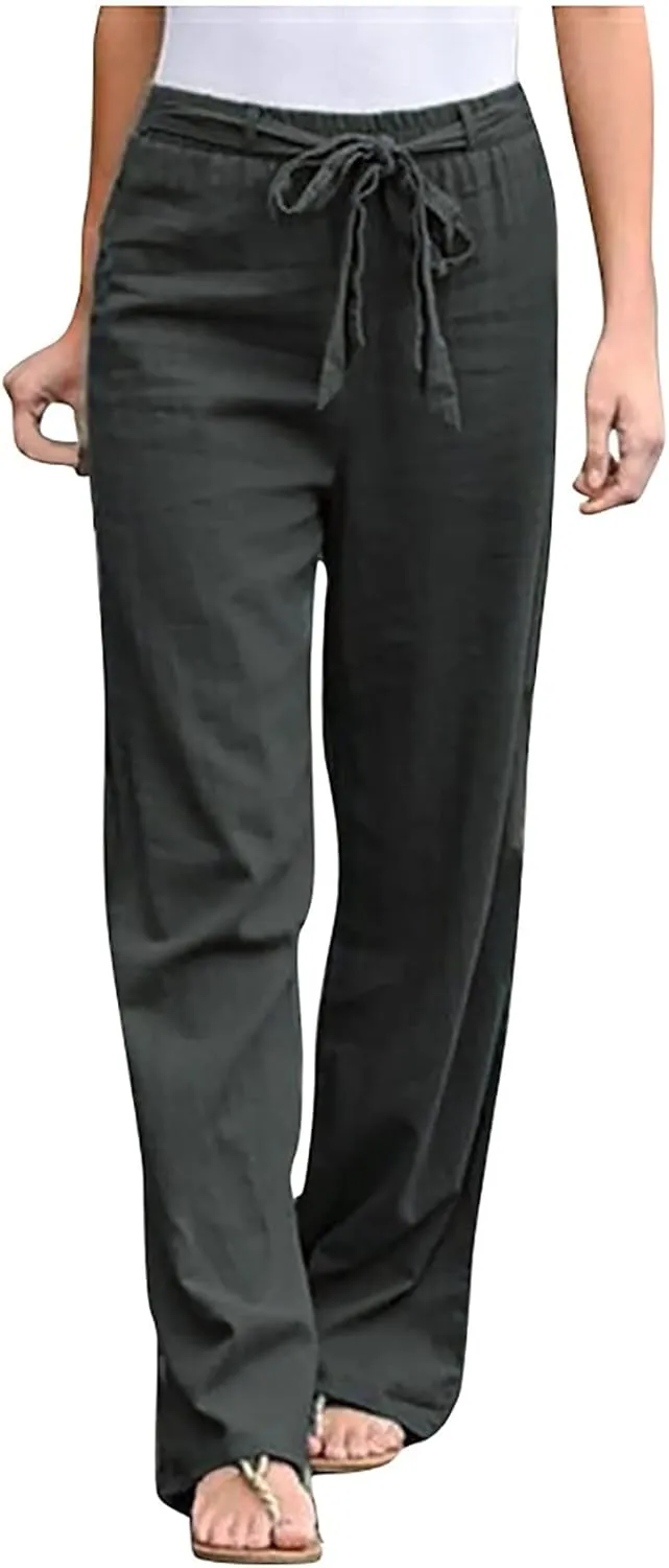 Ceboyel Women 2023 Linen Summer Beach Pants High Waist Flowy Pants Drawstring Travel Pants Loose Fitting Ladies Clothes