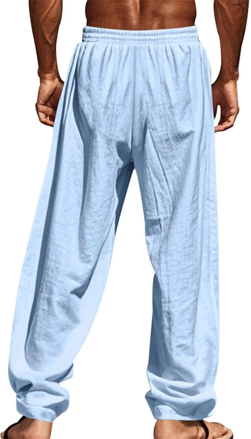 Cotton Linen Cargo Pants Men Baggy Elastic Waist Sweatpants Relaxed Fit Lightweight Wide Leg Pants Hip Hop Trousers