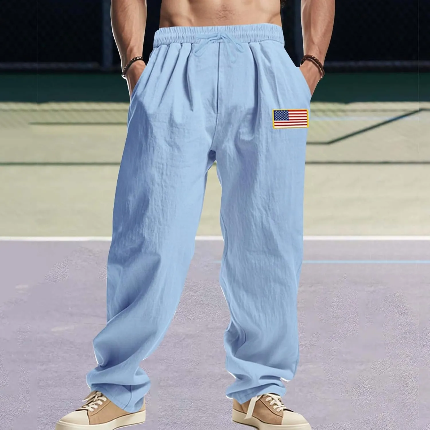 Cotton Linen Cargo Pants Men Baggy Elastic Waist Sweatpants Relaxed Fit Lightweight Wide Leg Pants Hip Hop Trousers