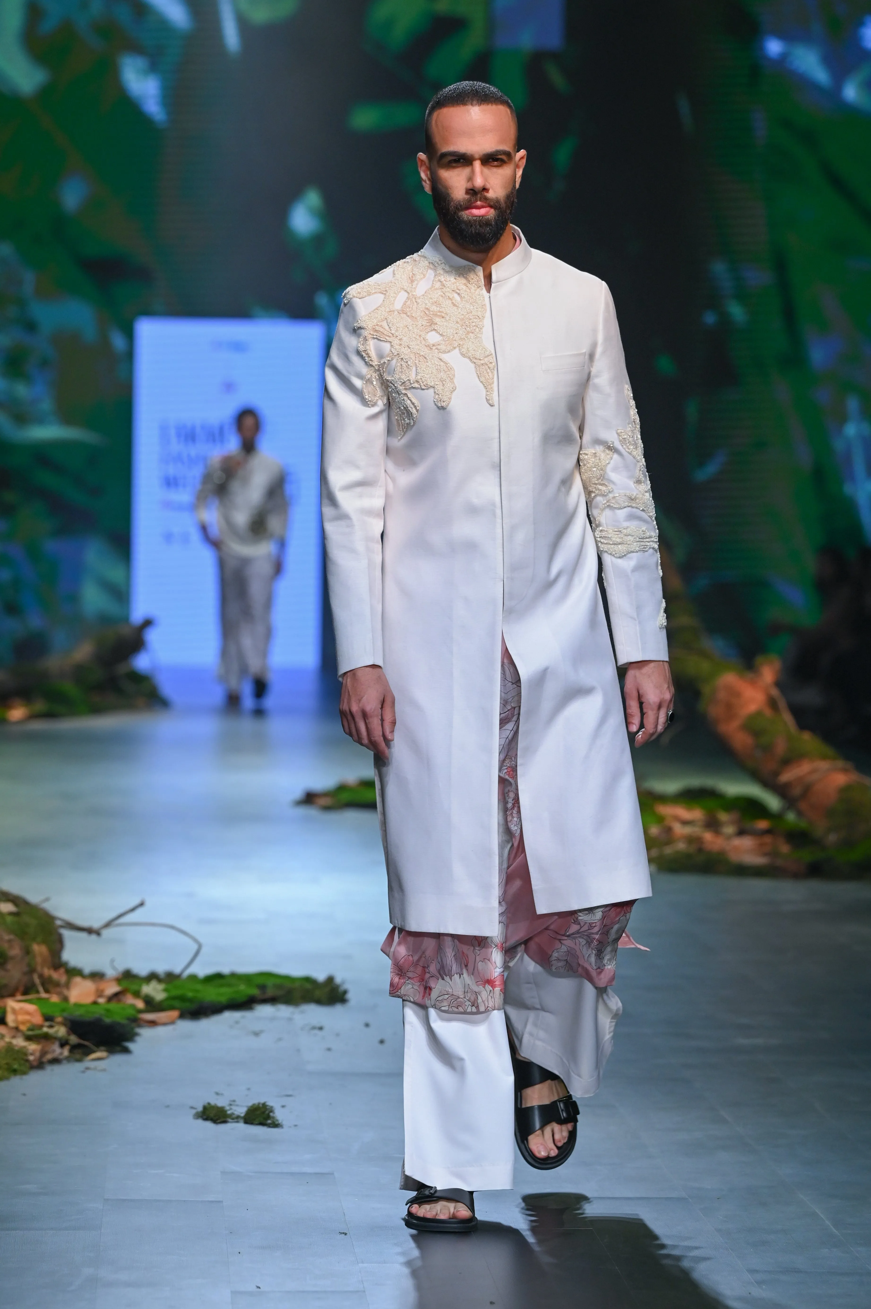 Ivory & Pink Printed And Embroidered Sherwani Set