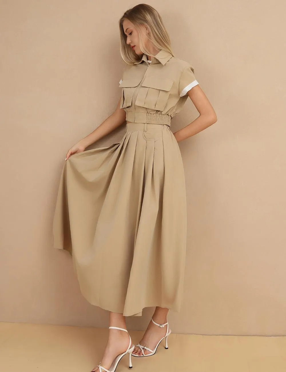 Ladies Lapel Wide Leg Top and  Pants 2PCS Set SKST393