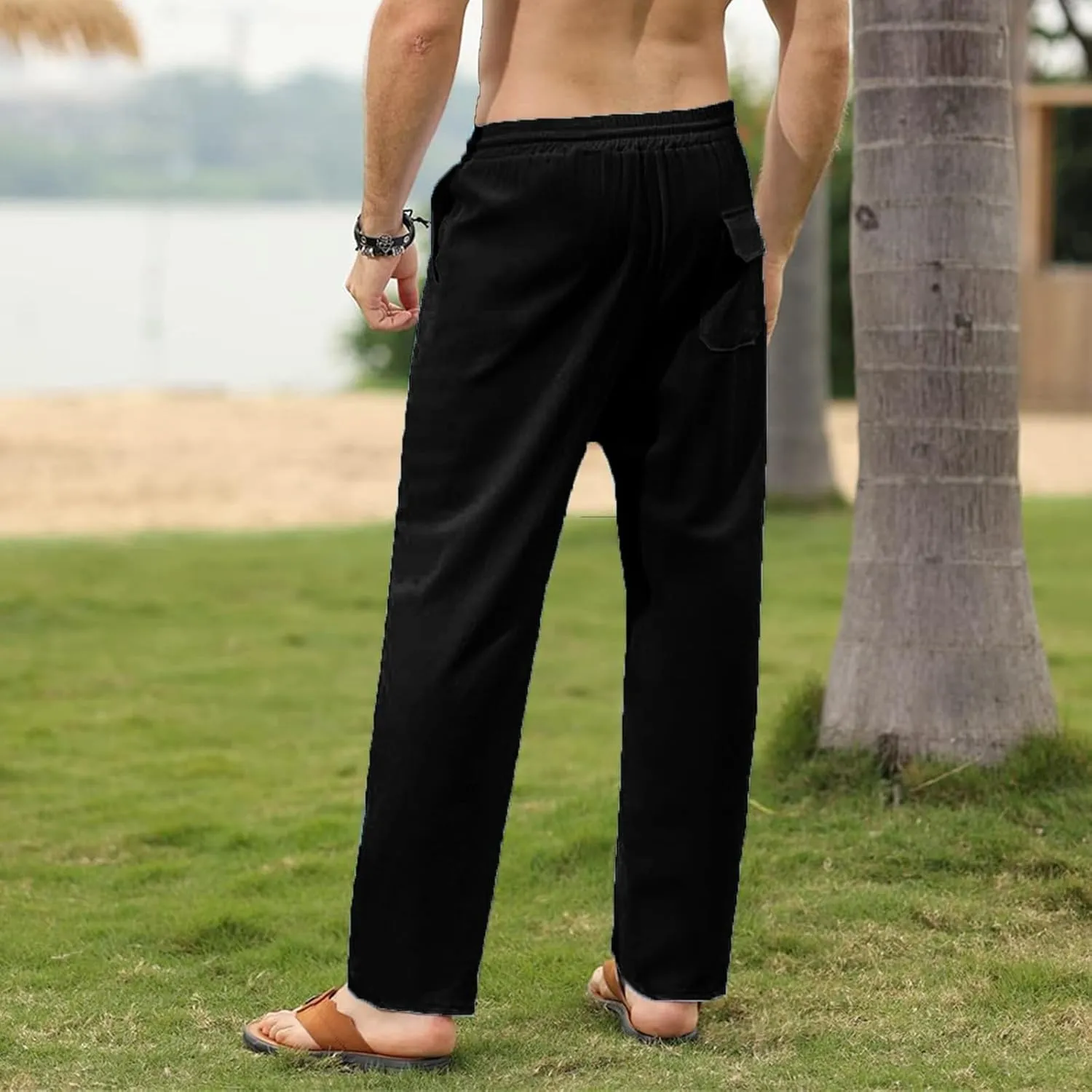 Men's Casual Cotton Linen Pants Lightweight Drawstring Pant Solid Color Slim Fit Trousers Beach Summer Pants