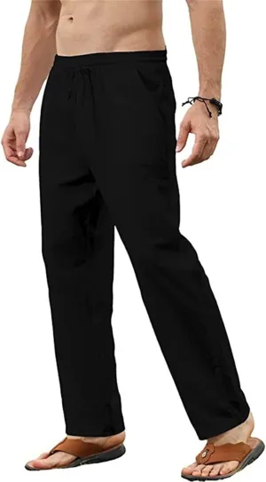 Men's Casual Cotton Linen Pants Lightweight Drawstring Pant Solid Color Slim Fit Trousers Beach Summer Pants
