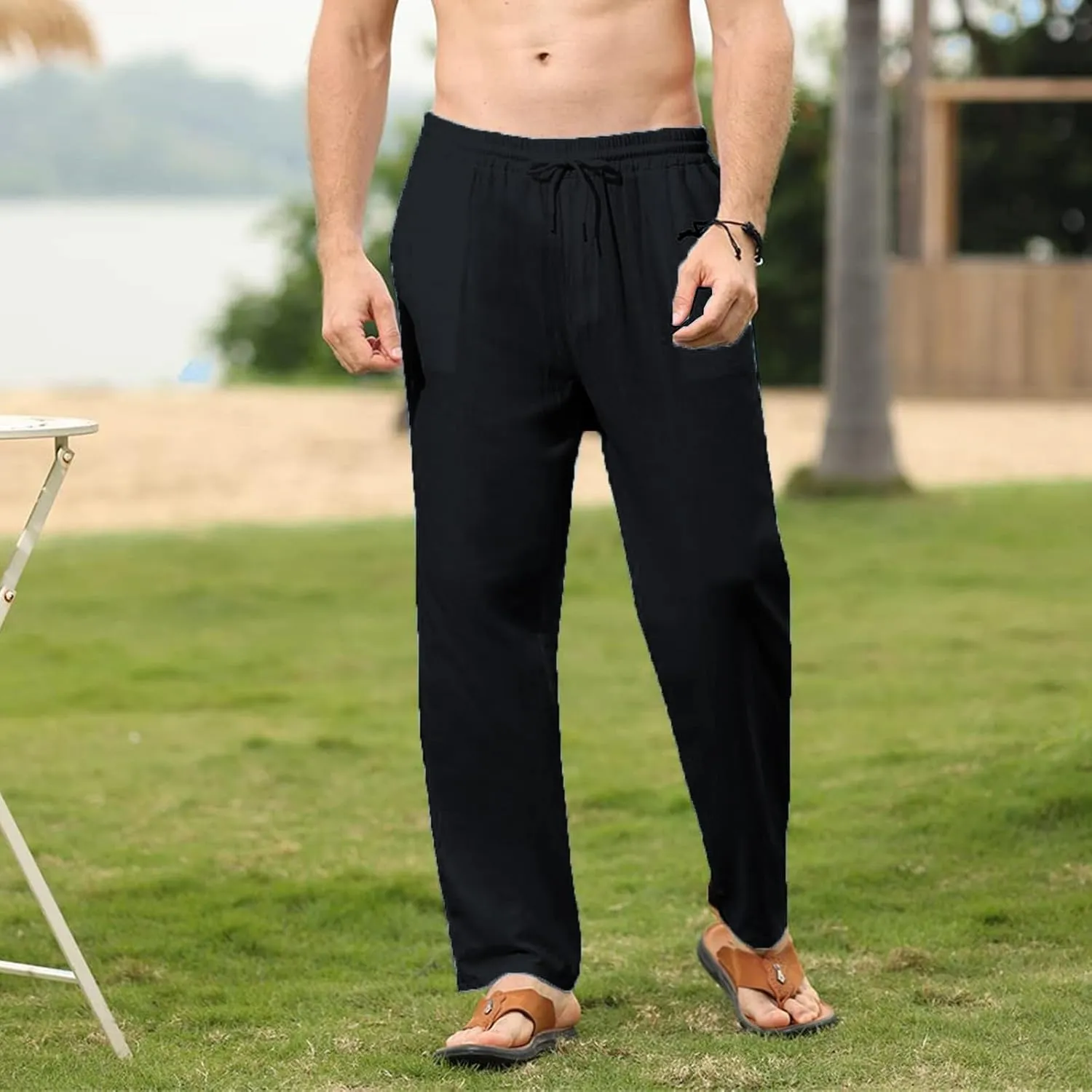 Men's Casual Cotton Linen Pants Lightweight Drawstring Pant Solid Color Slim Fit Trousers Beach Summer Pants