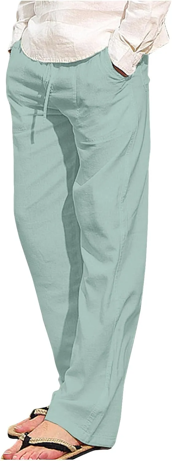 Mens Casual Pants Linen Pants Summer Beach Pants Drawstring Yoga Pants Soft Elastic Waist Pants