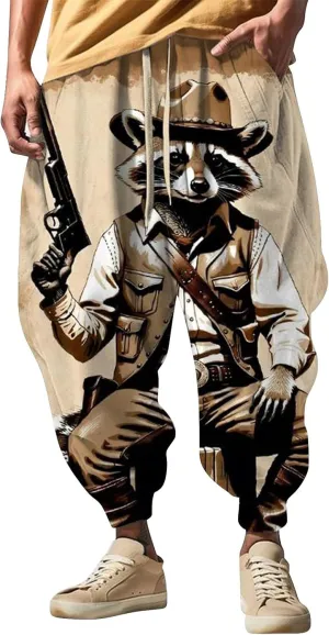 Men's Drawstring Hippie Harem Pants Men's Autumn Fun Print Fashion Street Feel Casual Cotton Drawstring Cargo Pants