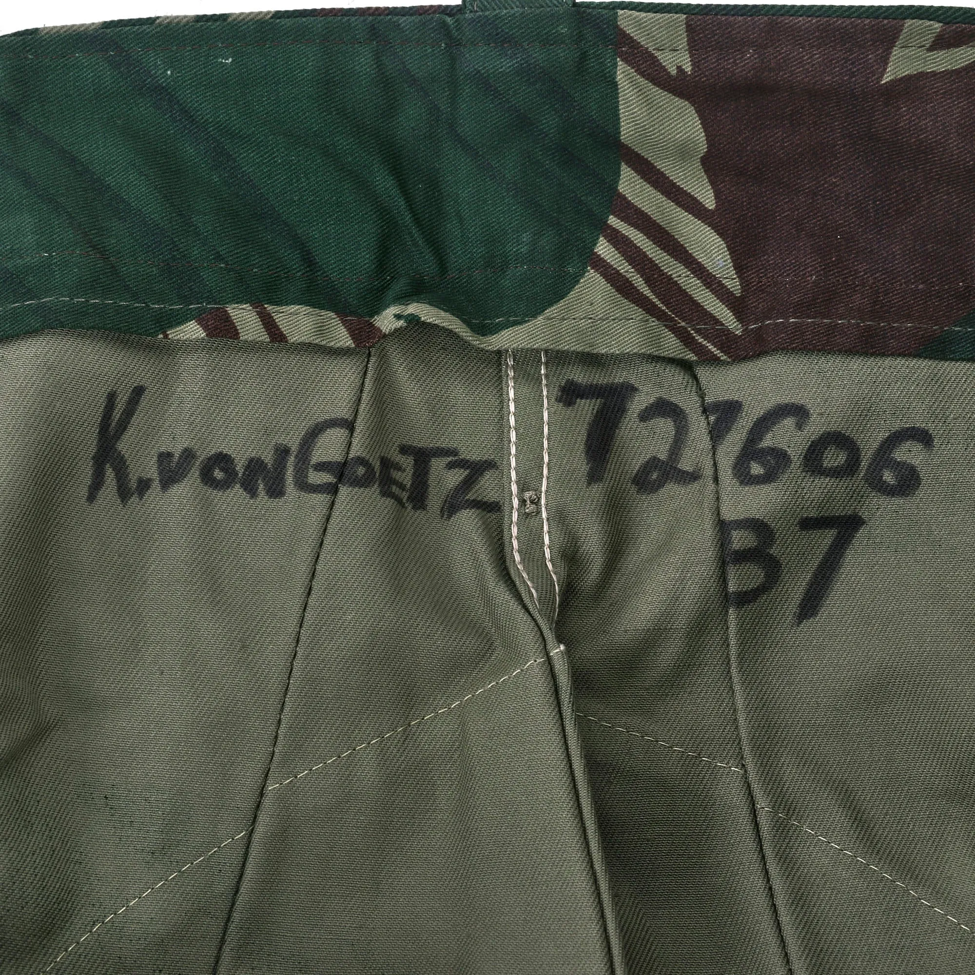 Original Rhodesian Bush War Era Named Rhodesian Brushstroke Camouflage Pattern Uniform Set Dated 1973 - “K. Von Goetz”