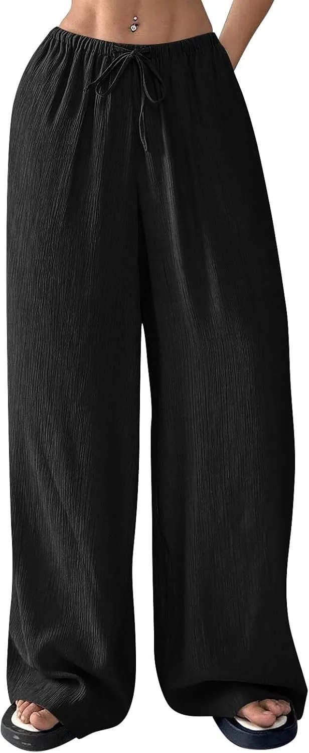 Summer Casual Pants for Women Linen Lightweight Wide Leg Elastic Waist Palazzo Pants Trendy Straight Outfit with Pockets