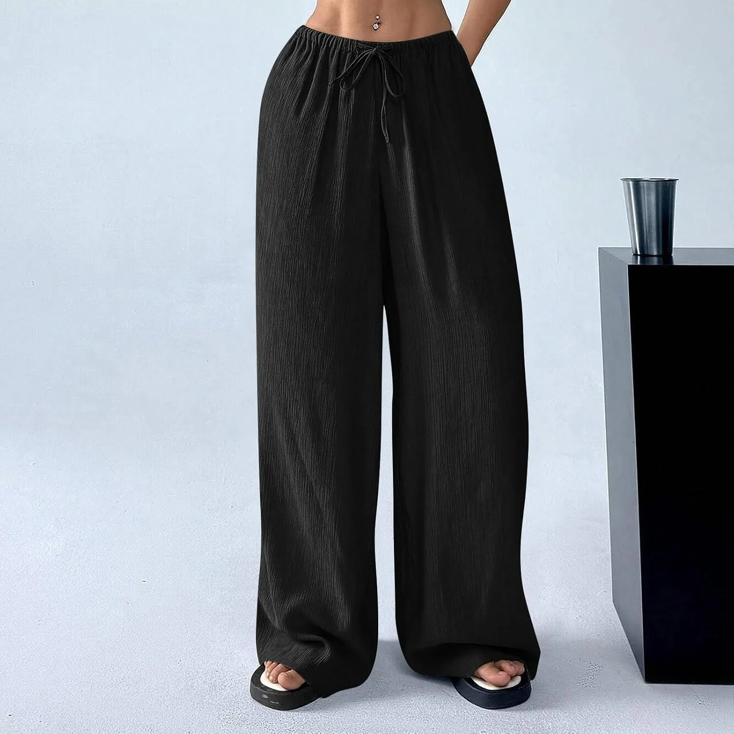 Summer Casual Pants for Women Linen Lightweight Wide Leg Elastic Waist Palazzo Pants Trendy Straight Outfit with Pockets