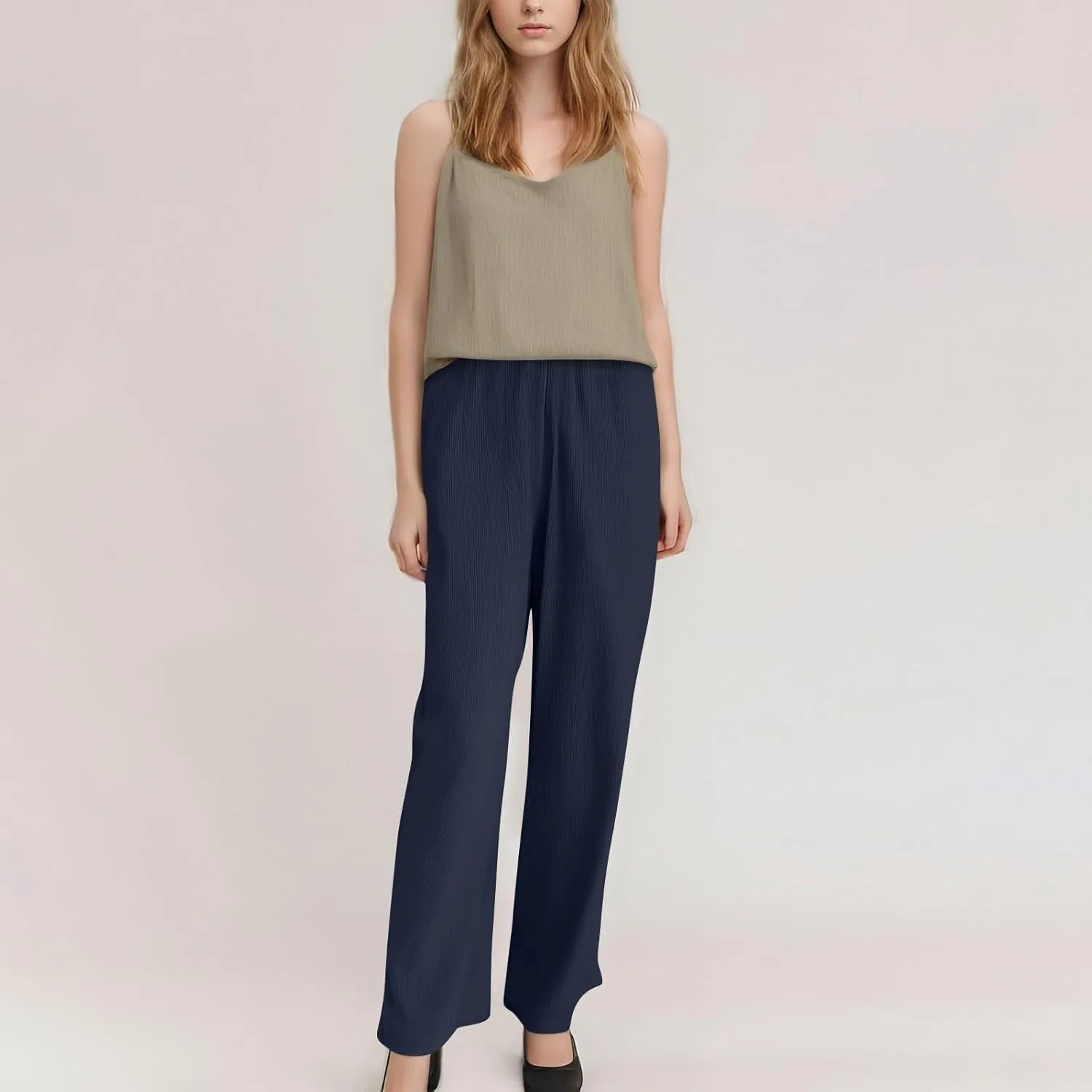 Summer Casual Pants for Women Linen Lightweight Wide Leg Elastic Waist Palazzo Pants Trendy Straight Outfit with Pockets