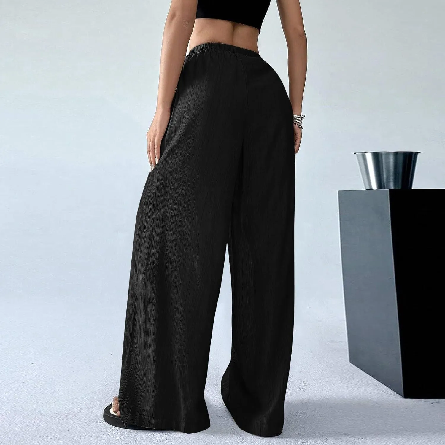 Summer Casual Pants for Women Linen Lightweight Wide Leg Elastic Waist Palazzo Pants Trendy Straight Outfit with Pockets