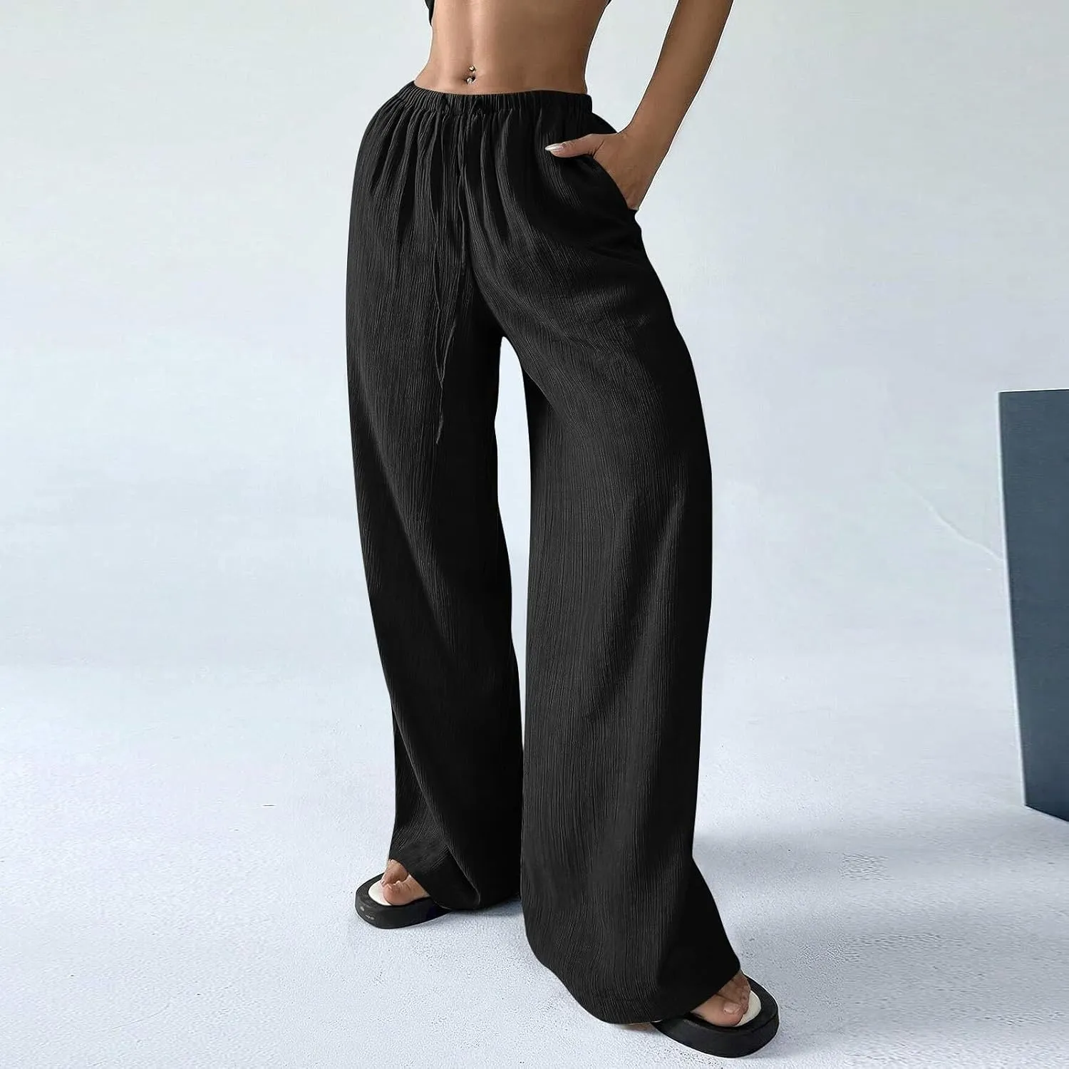 Summer Casual Pants for Women Linen Lightweight Wide Leg Elastic Waist Palazzo Pants Trendy Straight Outfit with Pockets
