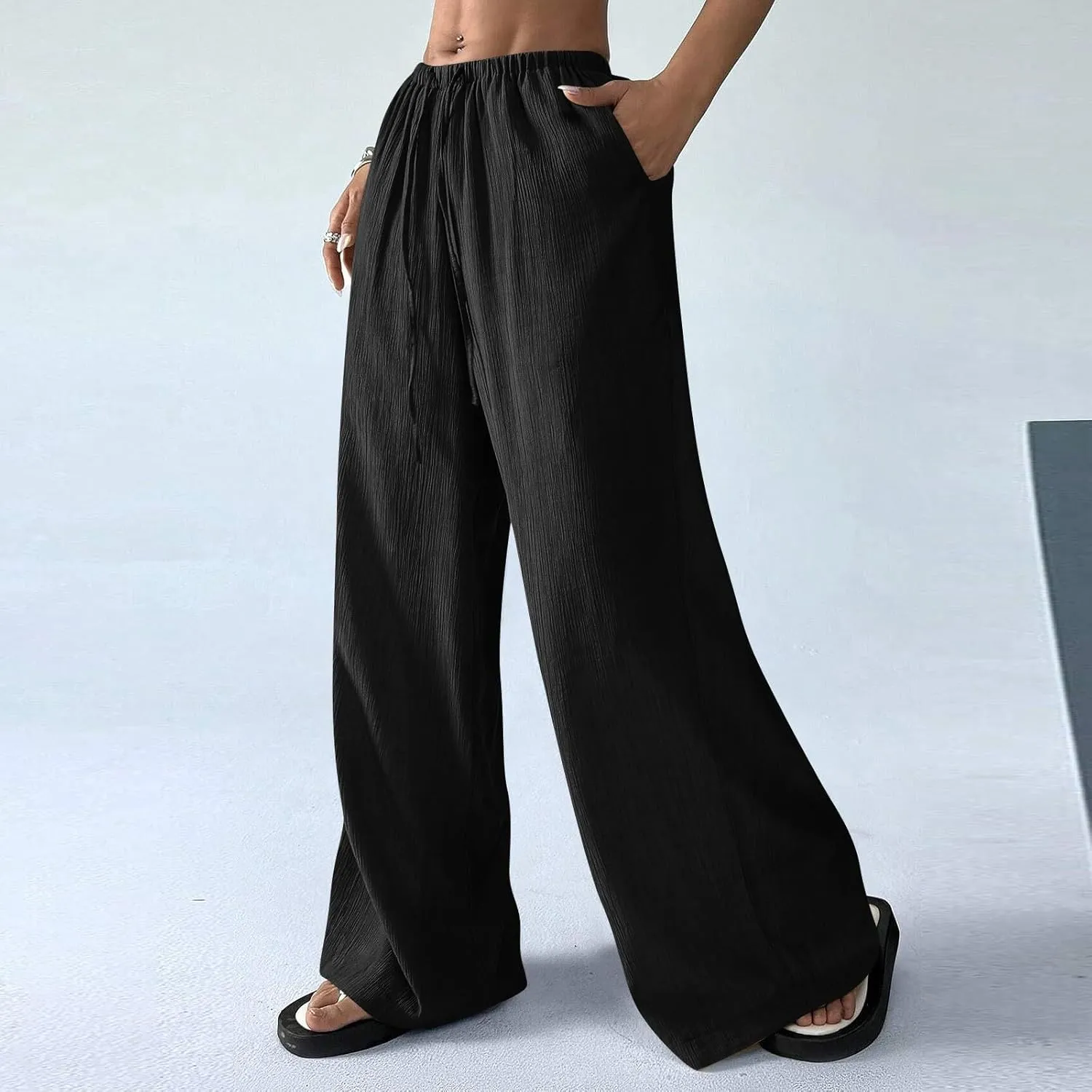 Summer Casual Pants for Women Linen Lightweight Wide Leg Elastic Waist Palazzo Pants Trendy Straight Outfit with Pockets
