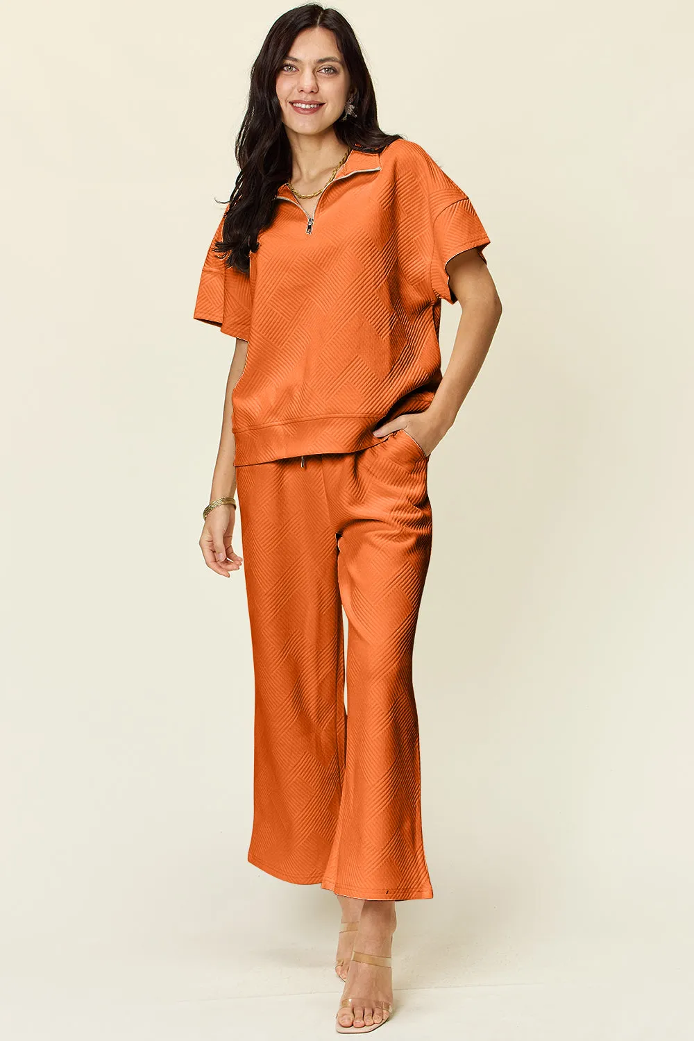 Texture Half Zip Short Sleeve Top and Pants Set