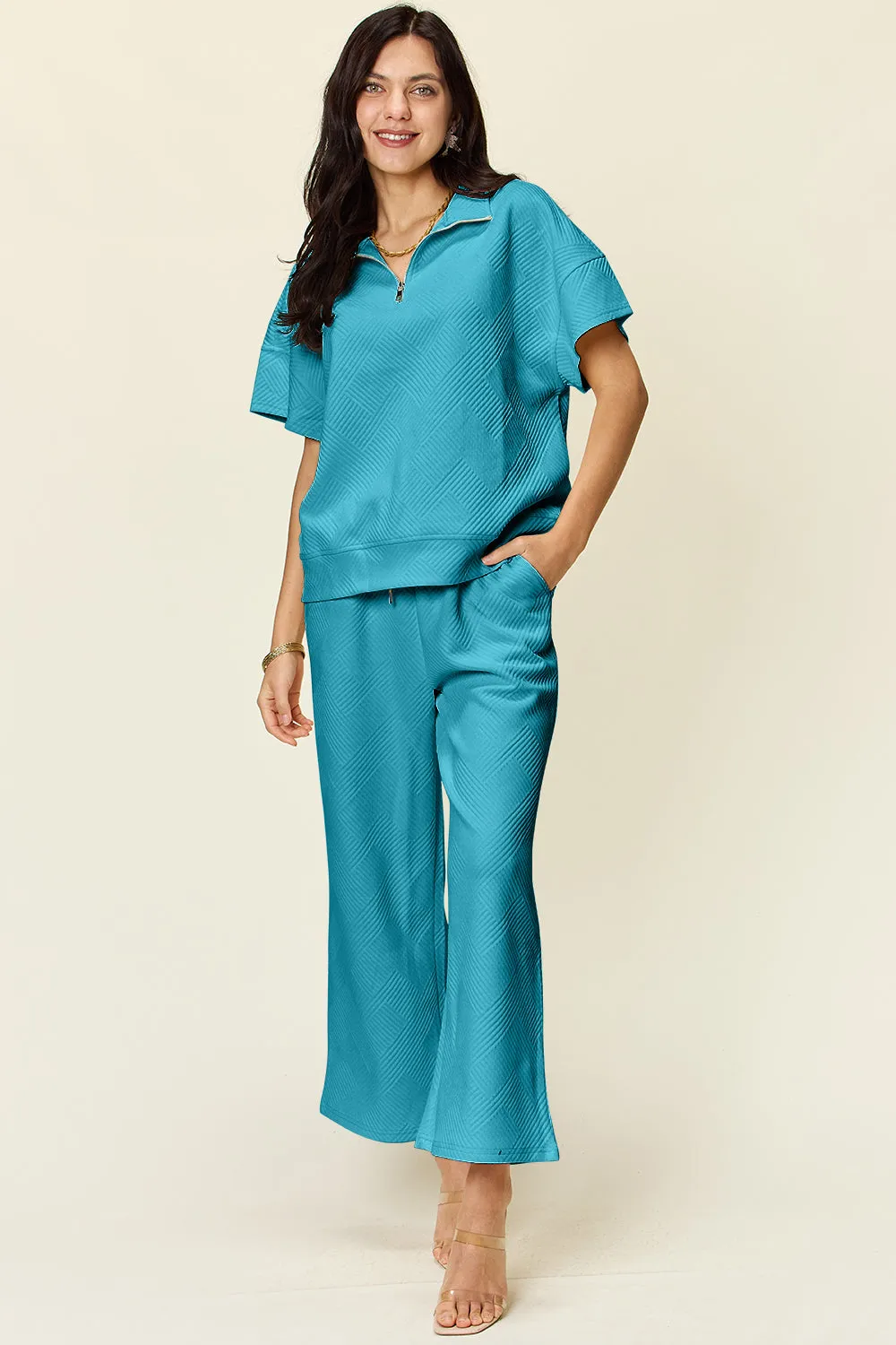 Texture Half Zip Short Sleeve Top and Pants Set