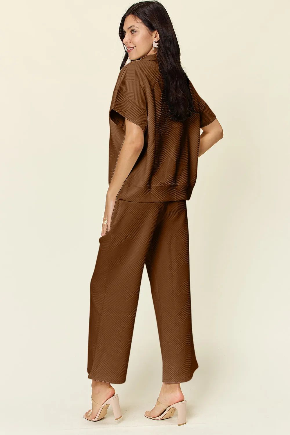 Texture Half Zip Short Sleeve Top and Pants Set