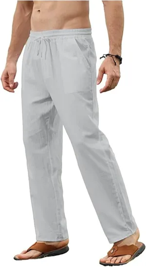 Thatrich Mens Casual Linen Pants Slim Fit Beach Pant Basic Beach Workout Trousers Lightweight Breathable Comfy Sweatpants