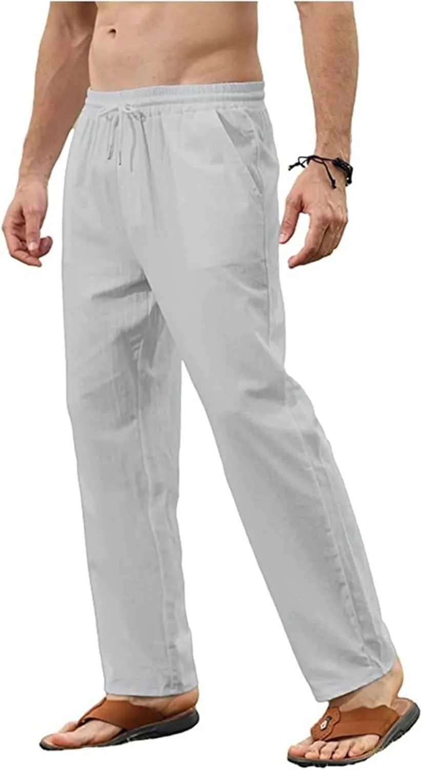 Thatrich Mens Casual Linen Pants Slim Fit Beach Pant Basic Beach Workout Trousers Lightweight Breathable Comfy Sweatpants