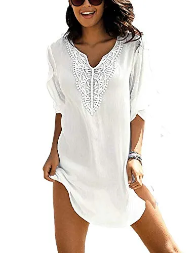V-Neck Lace Short Sleeve Beach Coverup Dress for Women