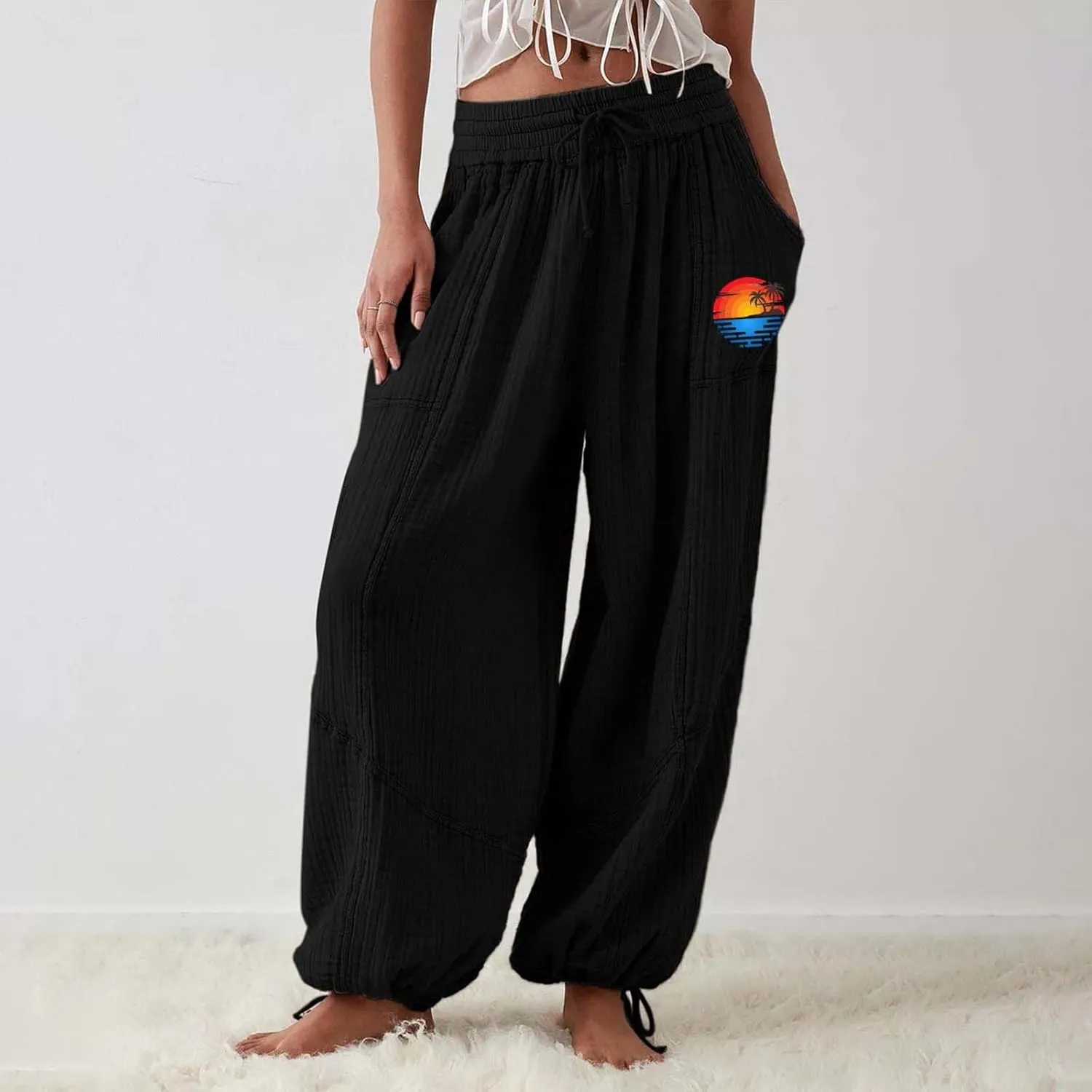 Women's Casual Cotton Linen Baggy Pants with Elastic Waist Summer Relax Loose Fit Comfy Pant Baggy Patchwork Trousers
