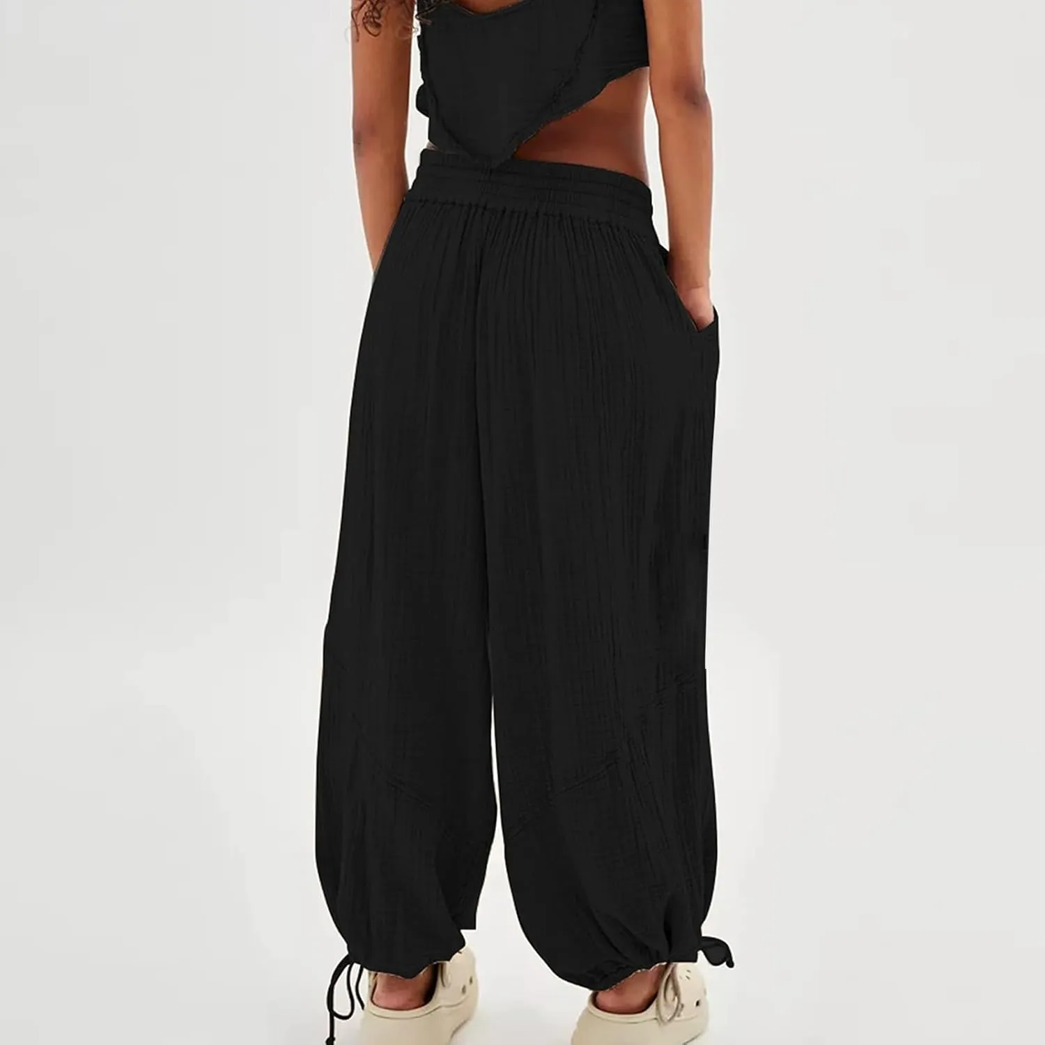 Women's Casual Cotton Linen Baggy Pants with Elastic Waist Summer Relax Loose Fit Comfy Pant Baggy Patchwork Trousers