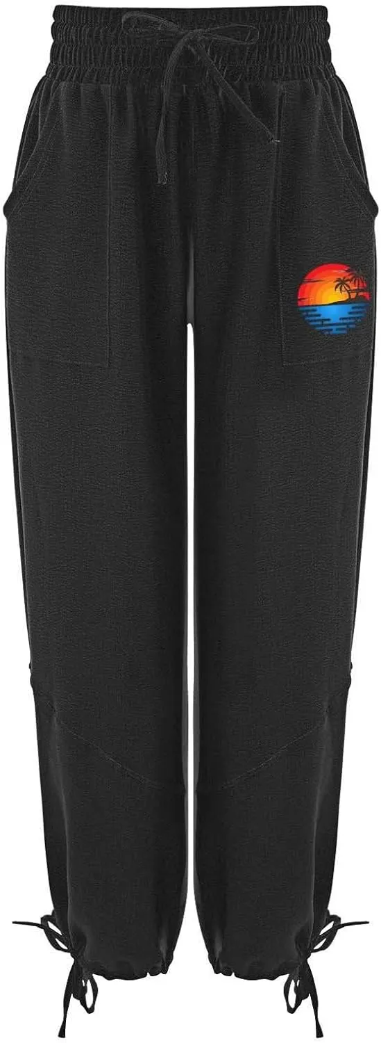 Women's Casual Cotton Linen Baggy Pants with Elastic Waist Summer Relax Loose Fit Comfy Pant Baggy Patchwork Trousers