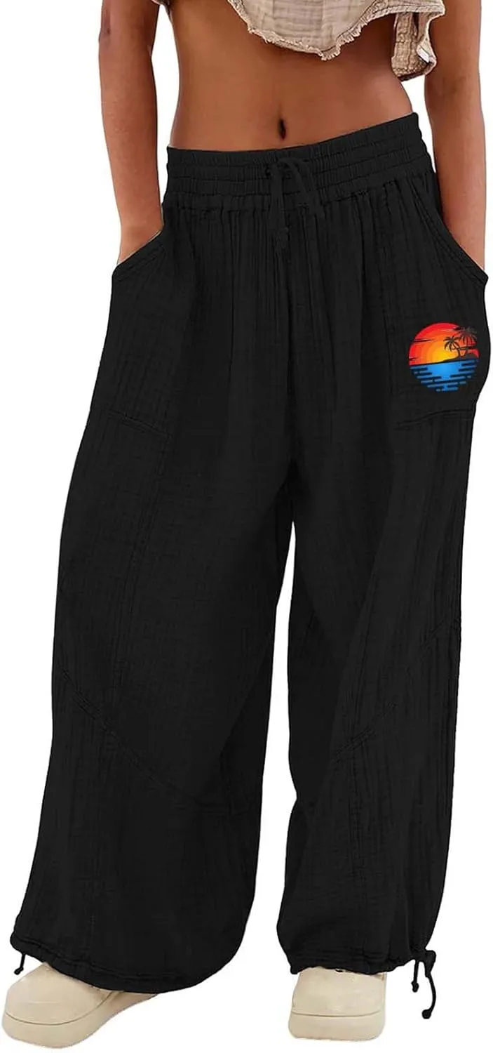 Women's Casual Cotton Linen Baggy Pants with Elastic Waist Summer Relax Loose Fit Comfy Pant Baggy Patchwork Trousers