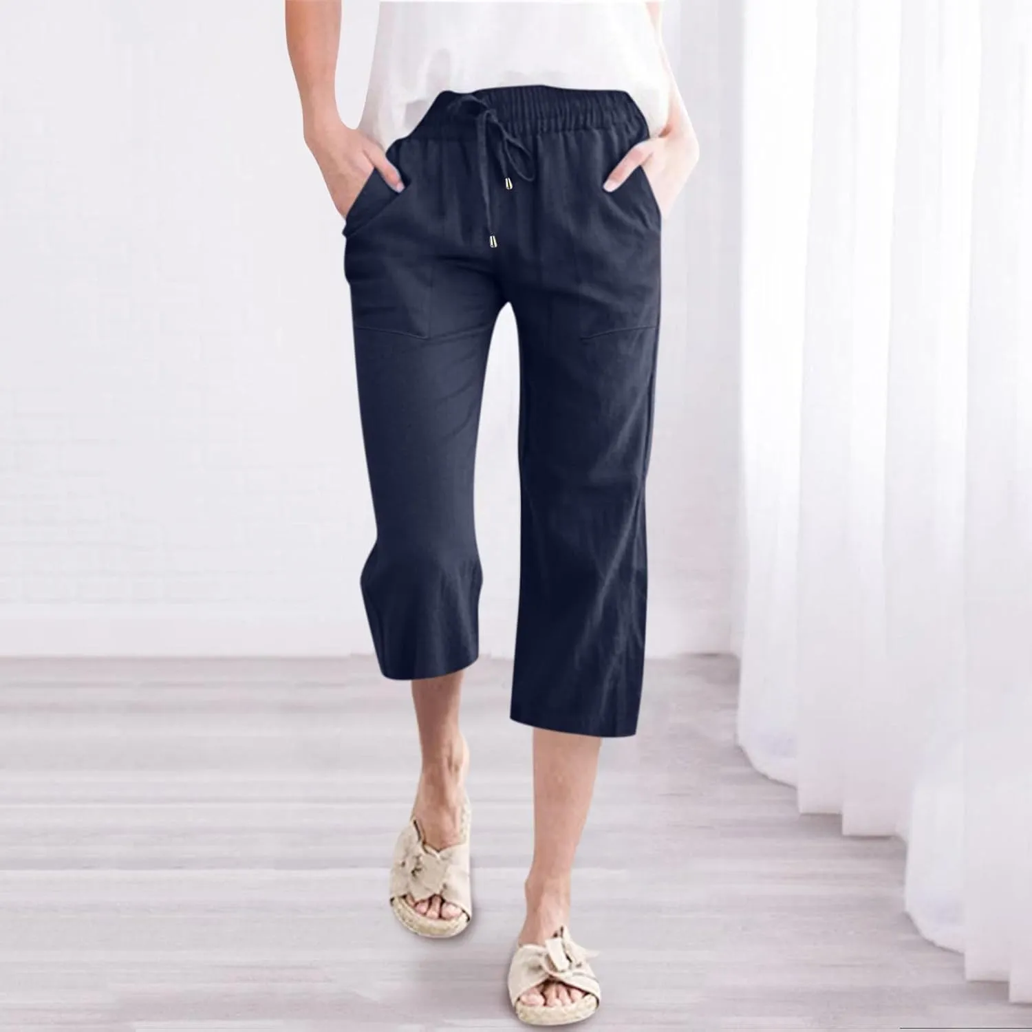 Women's Linen Capri Pants with Drawstring Drawstring Elastic Trousers Comfy Straight Leg Long Pants with Pockets
