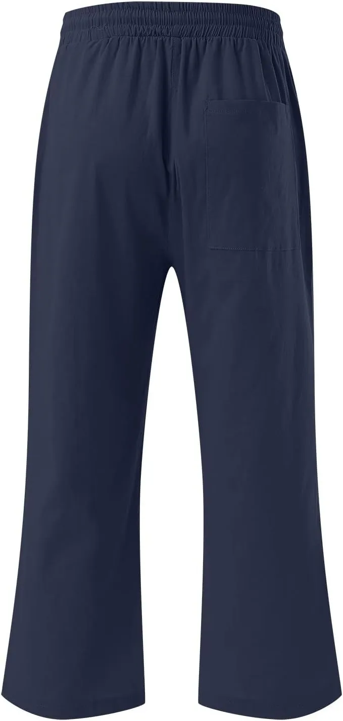 Women's Linen Capri Pants with Drawstring Drawstring Elastic Trousers Comfy Straight Leg Long Pants with Pockets
