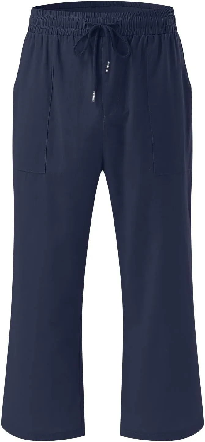Women's Linen Capri Pants with Drawstring Drawstring Elastic Trousers Comfy Straight Leg Long Pants with Pockets