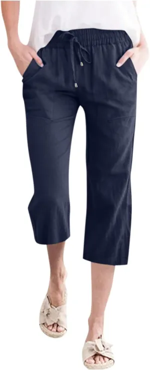 Women's Linen Capri Pants with Drawstring Drawstring Elastic Trousers Comfy Straight Leg Long Pants with Pockets